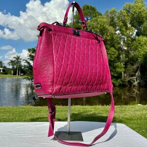 Pulicati Leather Magenta Double Turn Lock Top Handle Crossbody Tote NEW